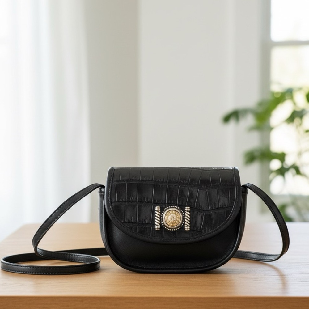 Brighton Vintage Black Leather Small Saddle Crossbody Gold Medallion AS IS